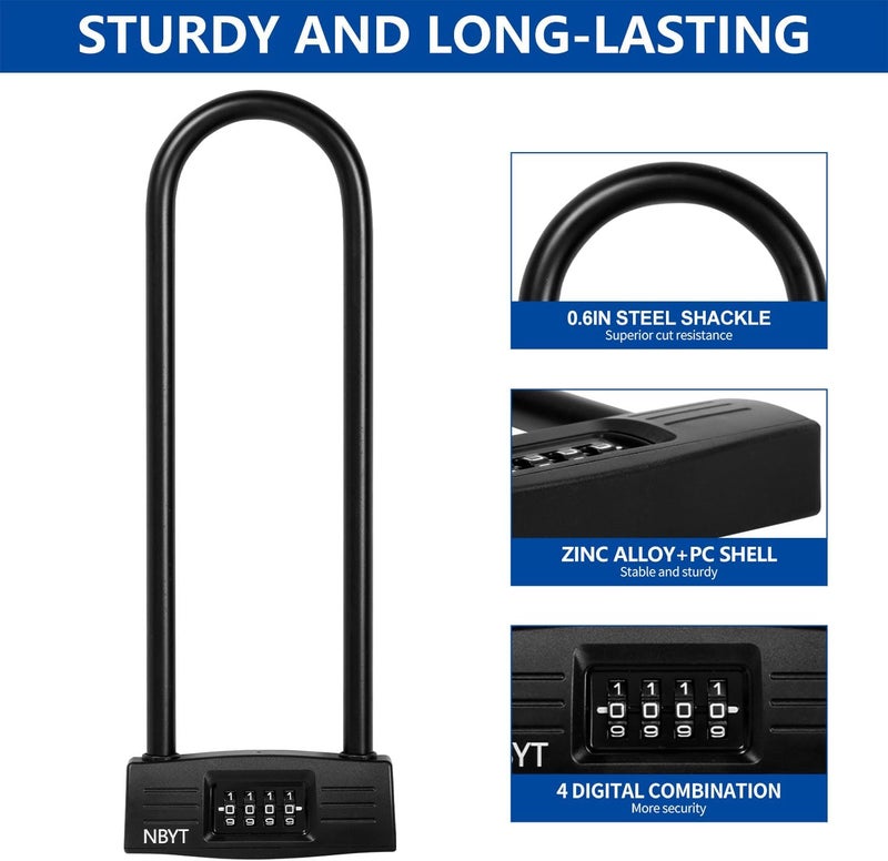 Lawnize Bike Lock u Lock Combination,Resettable Code,Long Shackle,Heavy Duty Padlock for Bicycle, Scooter,Motorcycles, Metal Fence Gate,Pool Door,Anti Theft. - Image 2